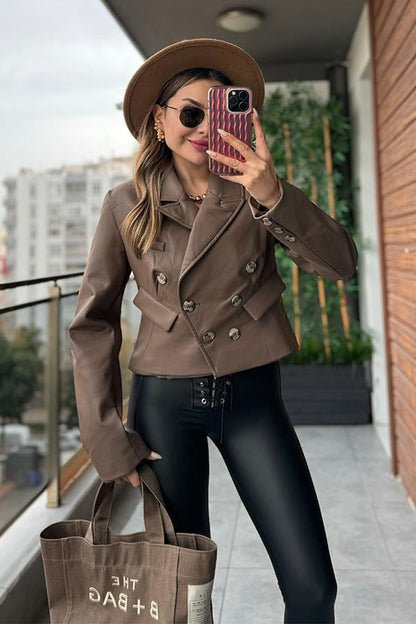 Edisa Kruvaze Deri Ceket - Vizon