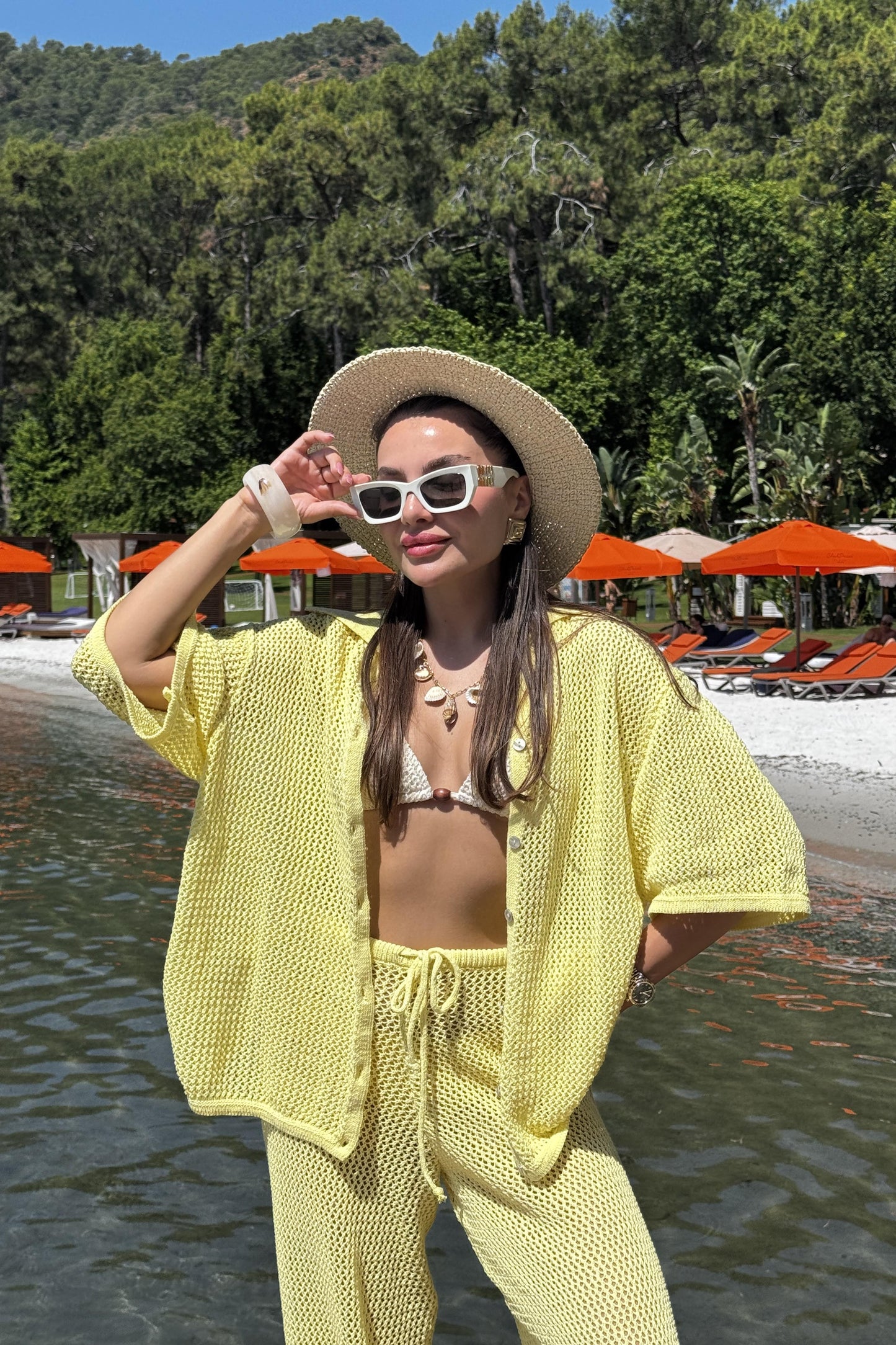 Edward Sarı Ajurlu Gömlek Pantolon Yazlık Takım