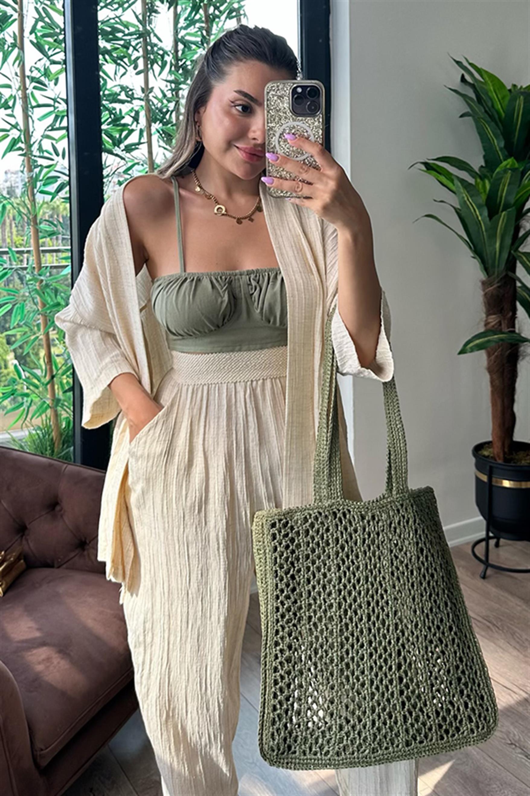 Ekru kimonolu gofre takım