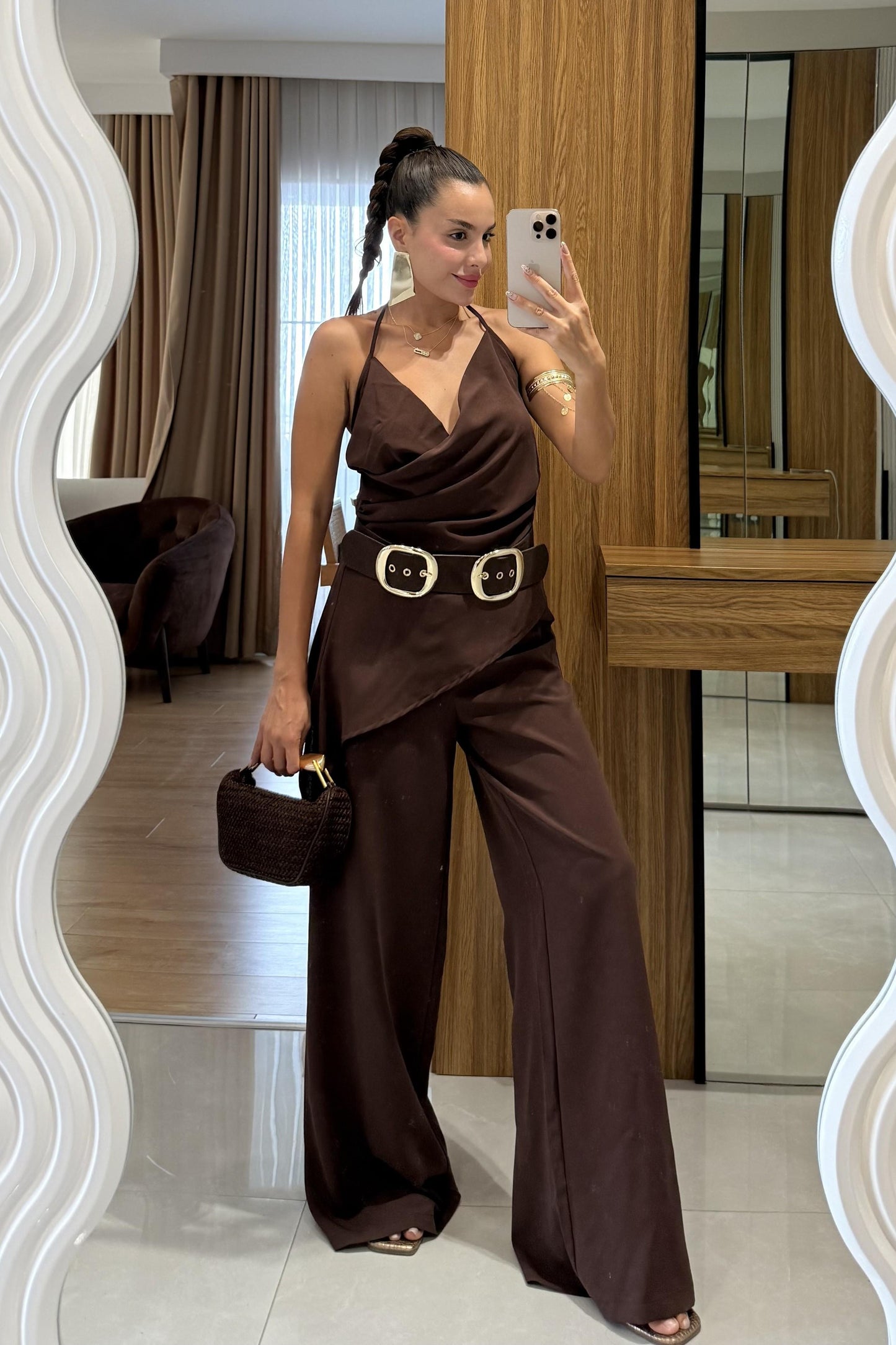 Elabella Kahve Çapraz Drapeli İkili Takım