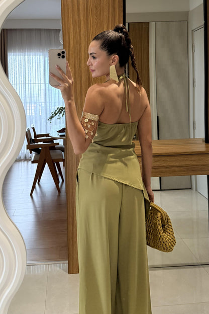 Elabella Yağ Yeşili Çapraz Drapeli İkili Takım