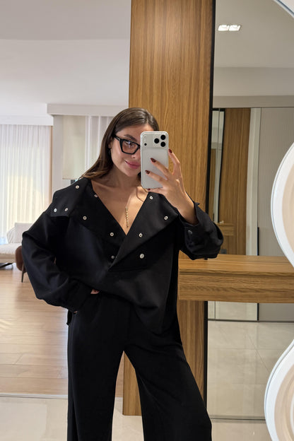 Elara Siyah Modal Çıtçıt Detaylı Takım