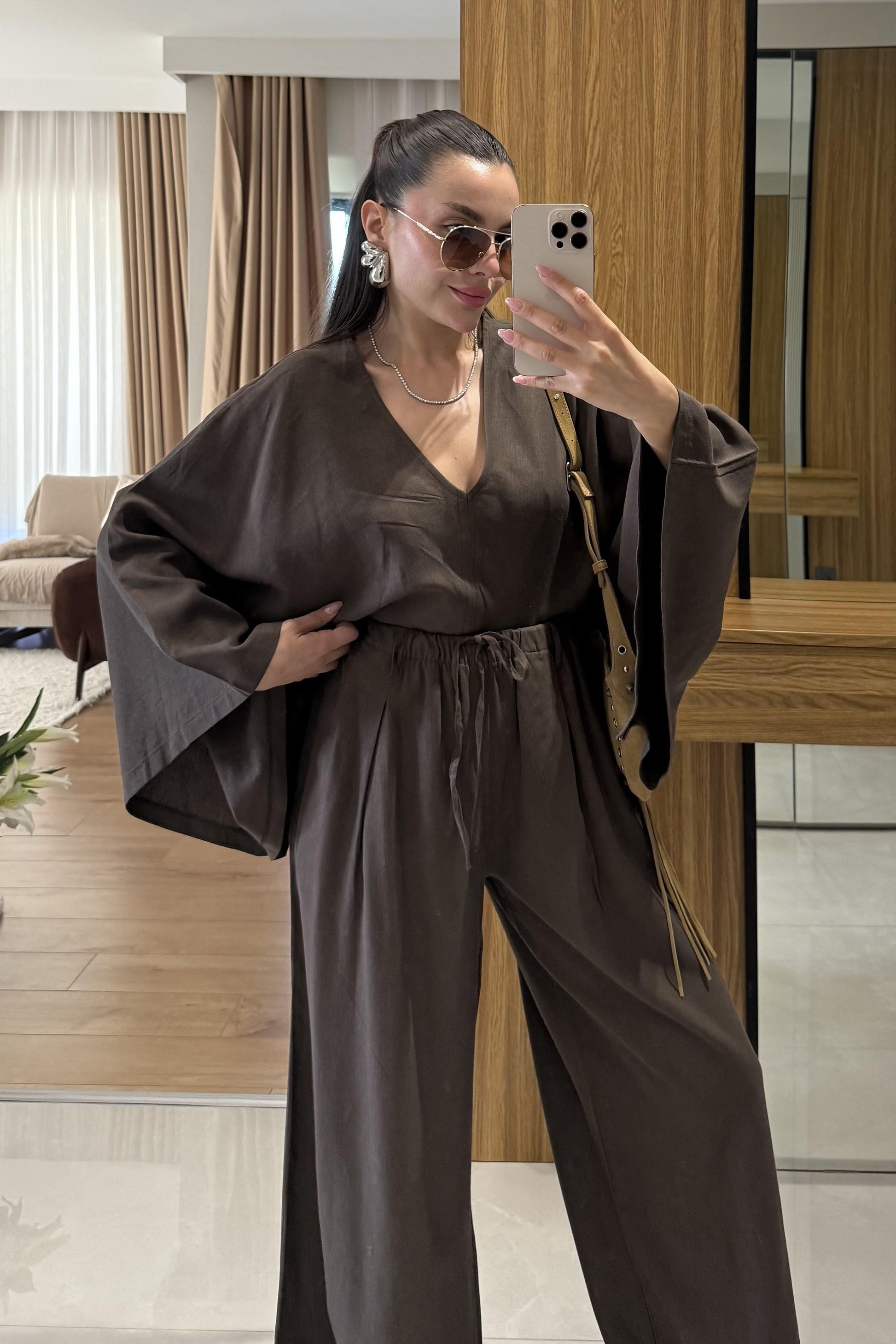 Eliska Acı Kahve Ham Keten Yarasa Kol Takım