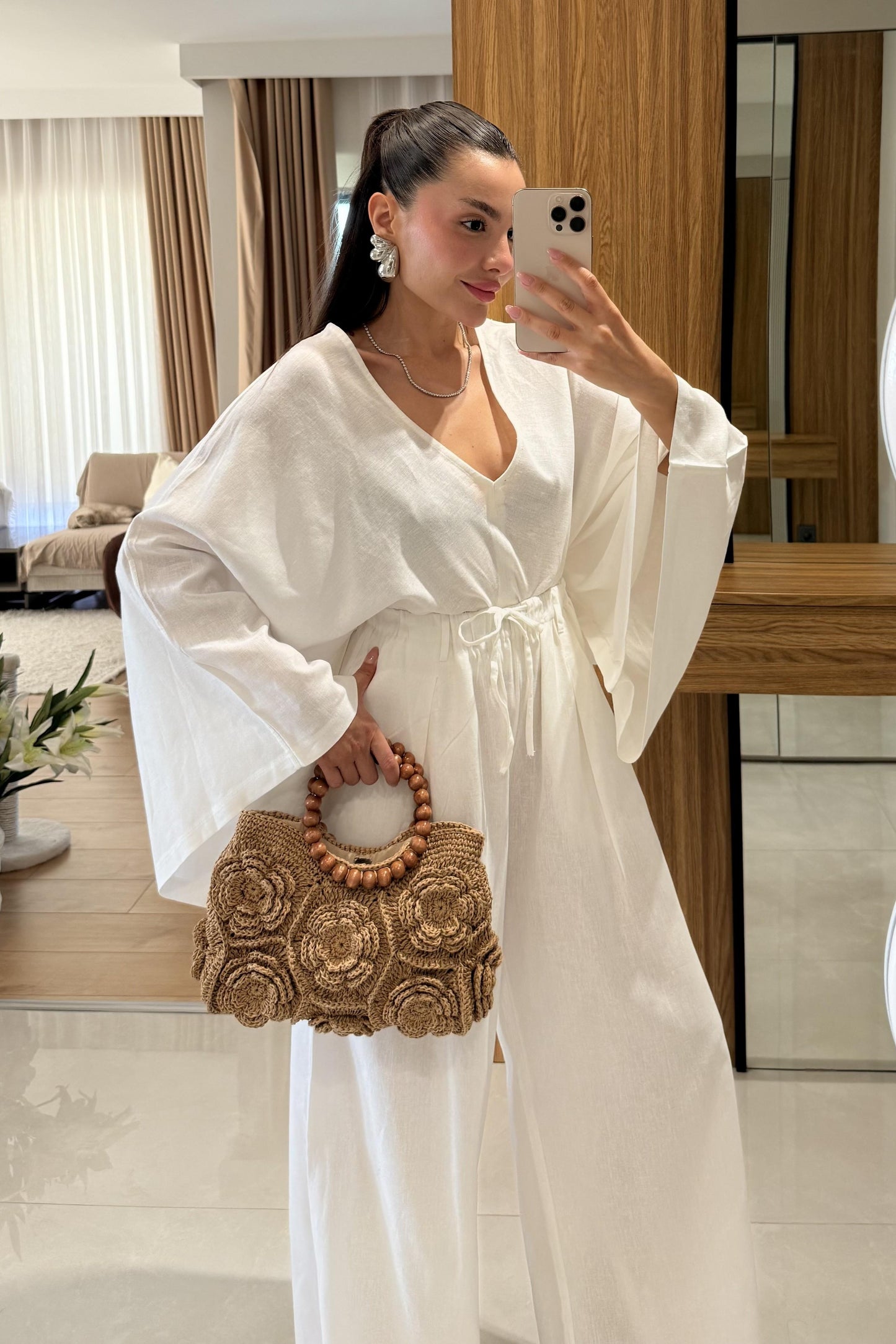 Eliska Beyaz Ham Keten Yarasa Kol Takım