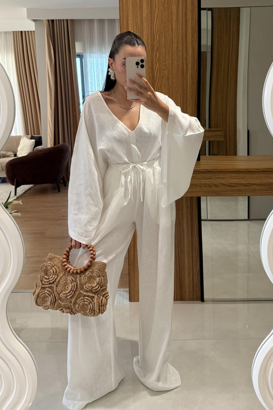 Eliska Beyaz Ham Keten Yarasa Kol Takım