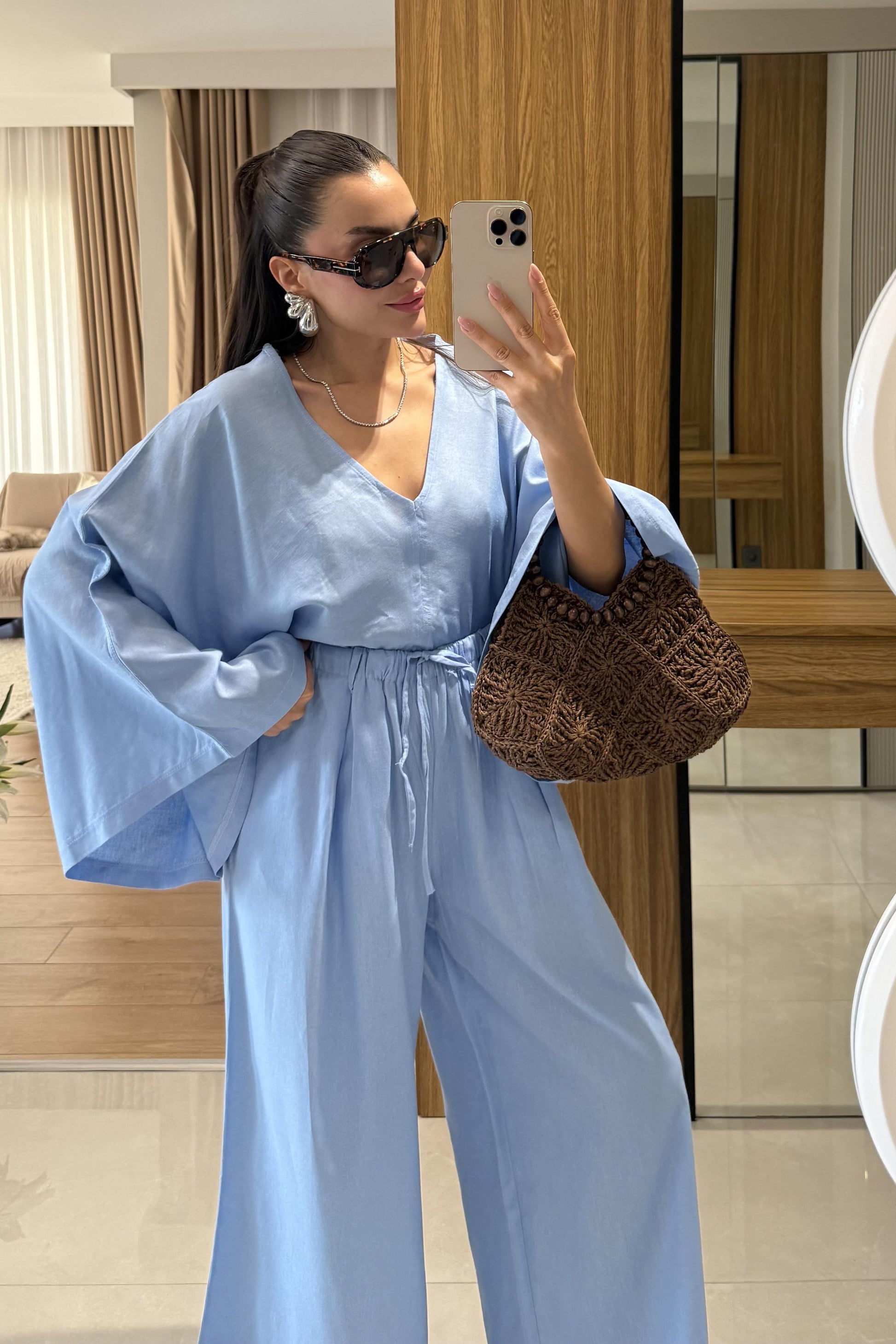 Eliska Mavi Ham Keten Yarasa Kol Takım