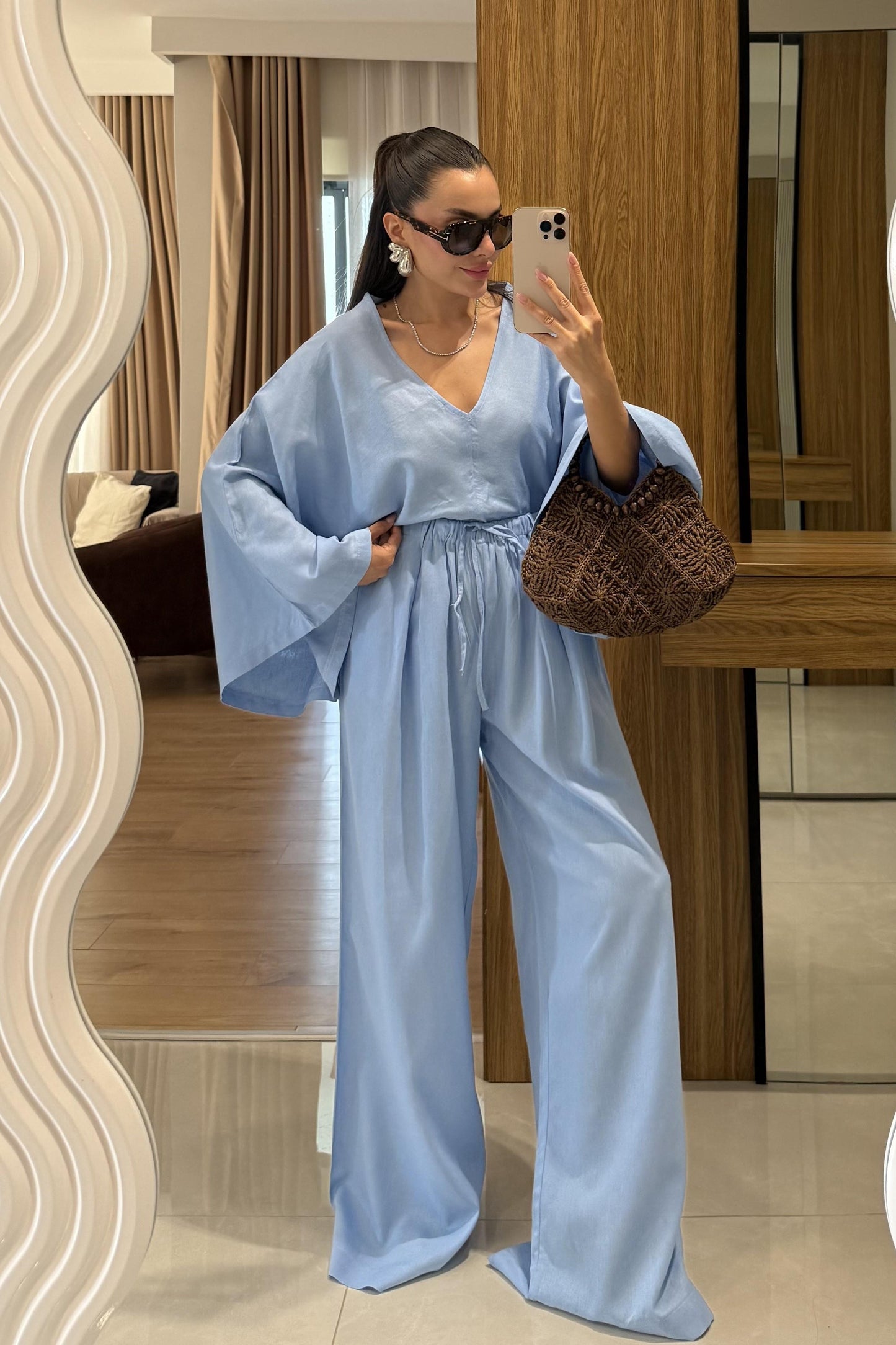 Eliska Mavi Ham Keten Yarasa Kol Takım