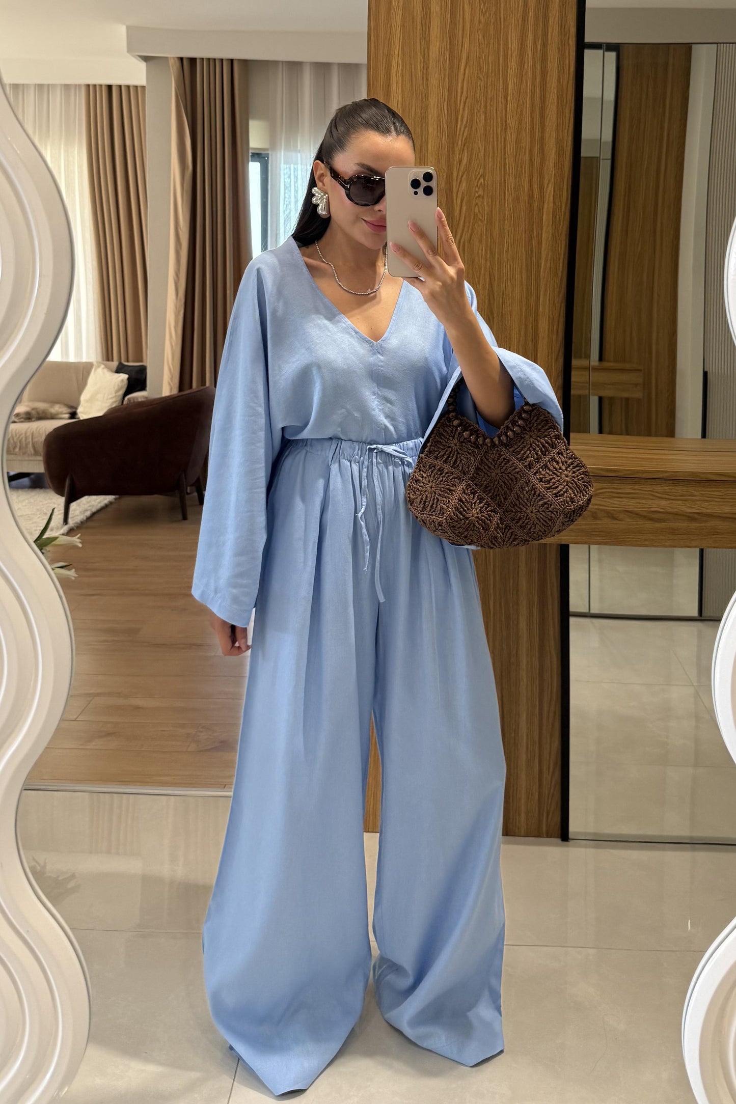 Eliska Mavi Ham Keten Yarasa Kol Takım