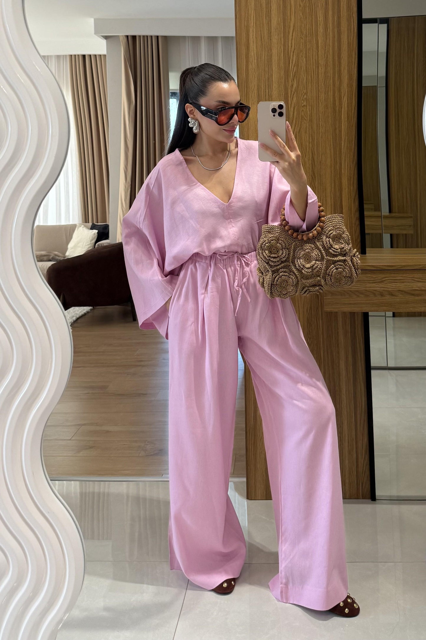 Eliska Pembe Ham Keten Yarasa Kol Takım