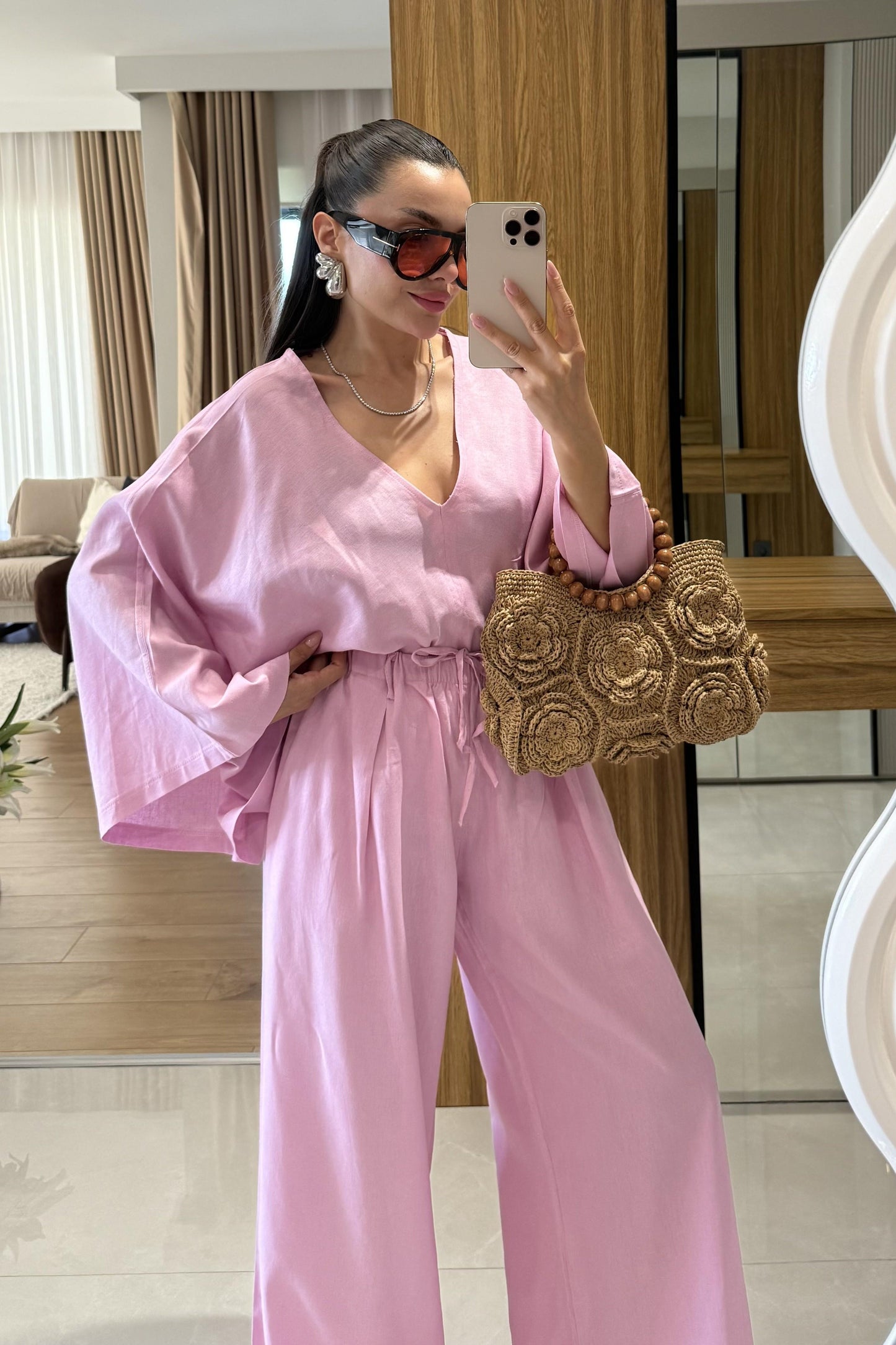 Eliska Pembe Ham Keten Yarasa Kol Takım