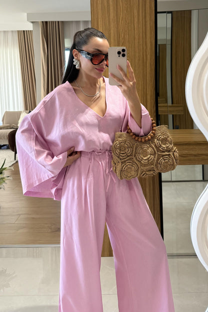 Eliska Pembe Ham Keten Yarasa Kol Takım