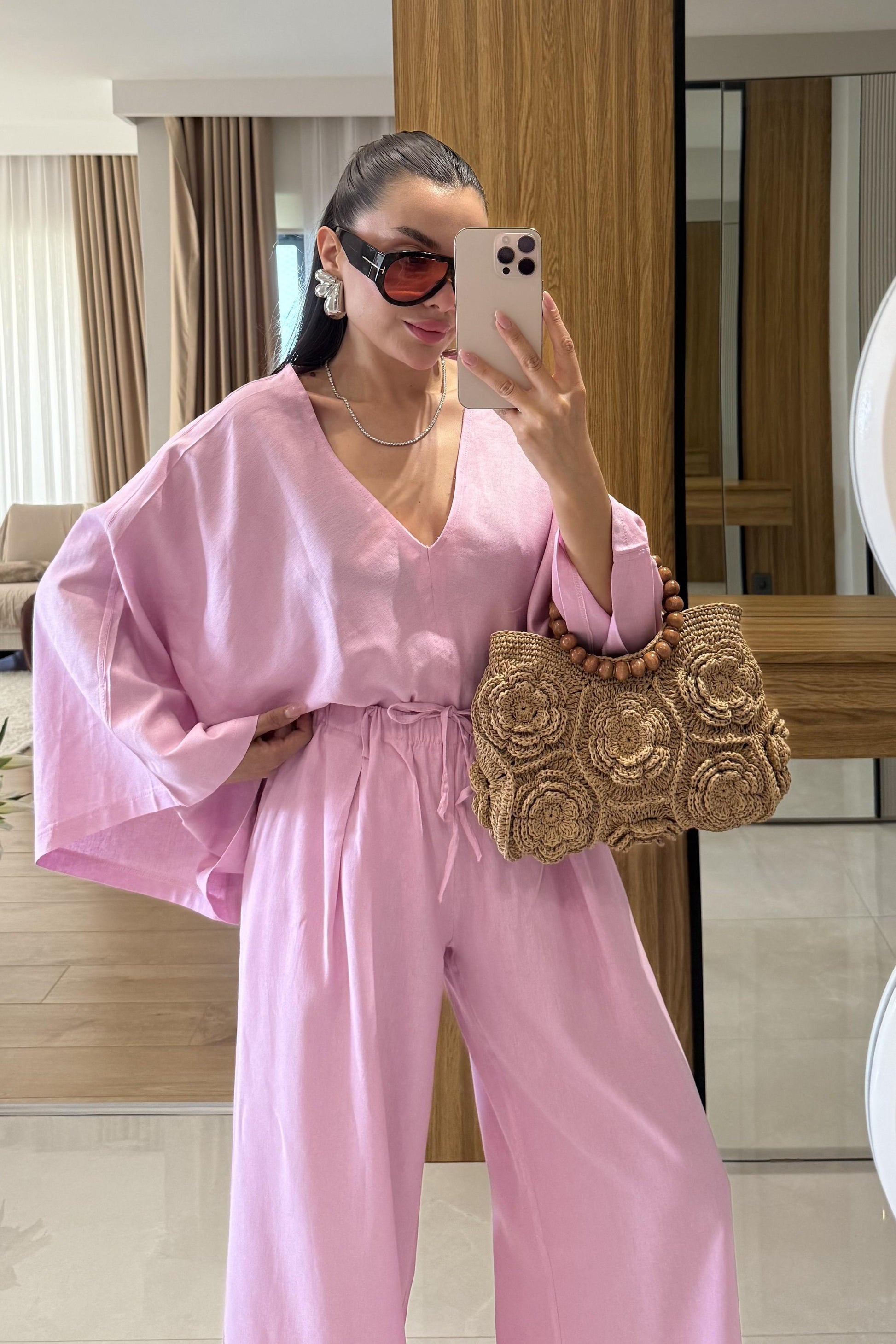 Eliska Pembe Ham Keten Yarasa Kol Takım