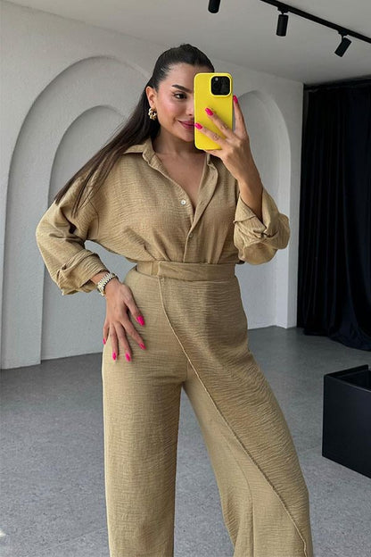 Eliza Kruvazeli Pantolon Gömlek Takım-Bej