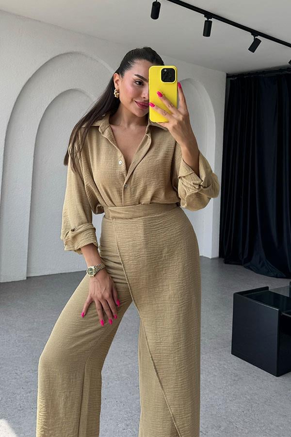 Eliza Kruvazeli Pantolon Gömlek Takım-Bej