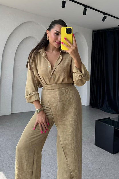 Eliza Kruvazeli Pantolon Gömlek Takım-Bej