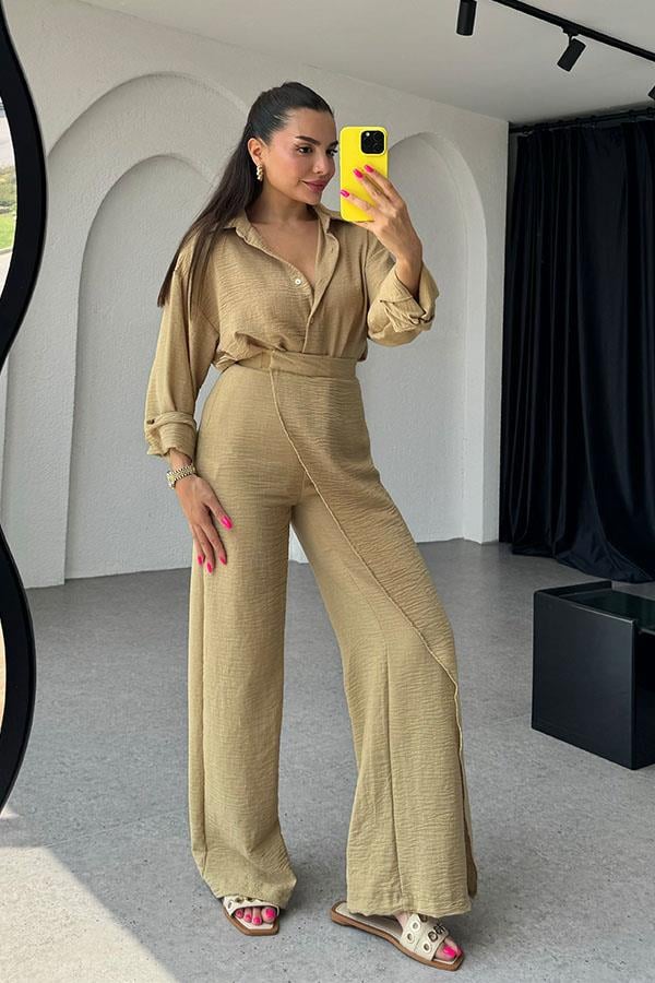 Eliza Kruvazeli Pantolon Gömlek Takım-Bej