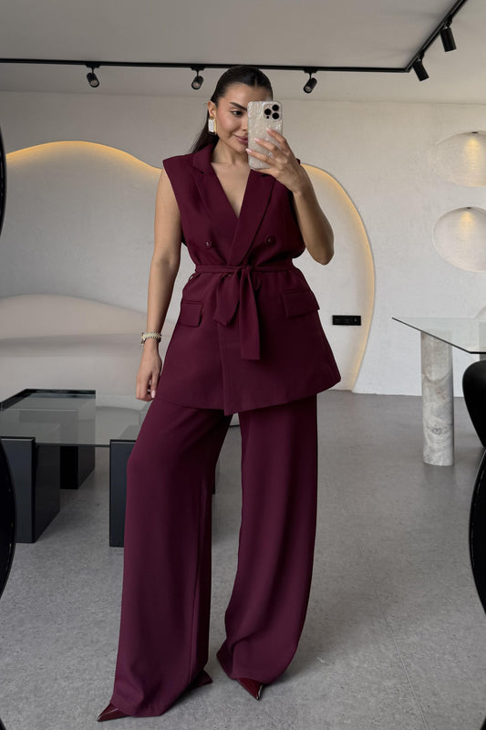Eloya Bordo Kuşaklı Yelekli Premium Takım
