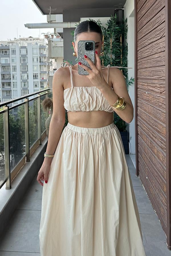 Elvin Balon Crop ve Etek Takım - Krem