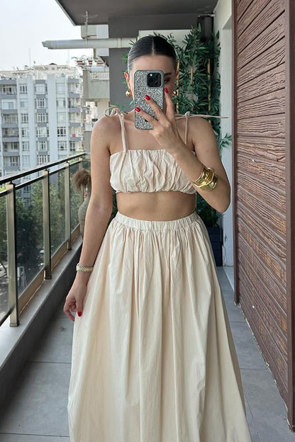 Elvin Balon Crop ve Etek Takım - Krem