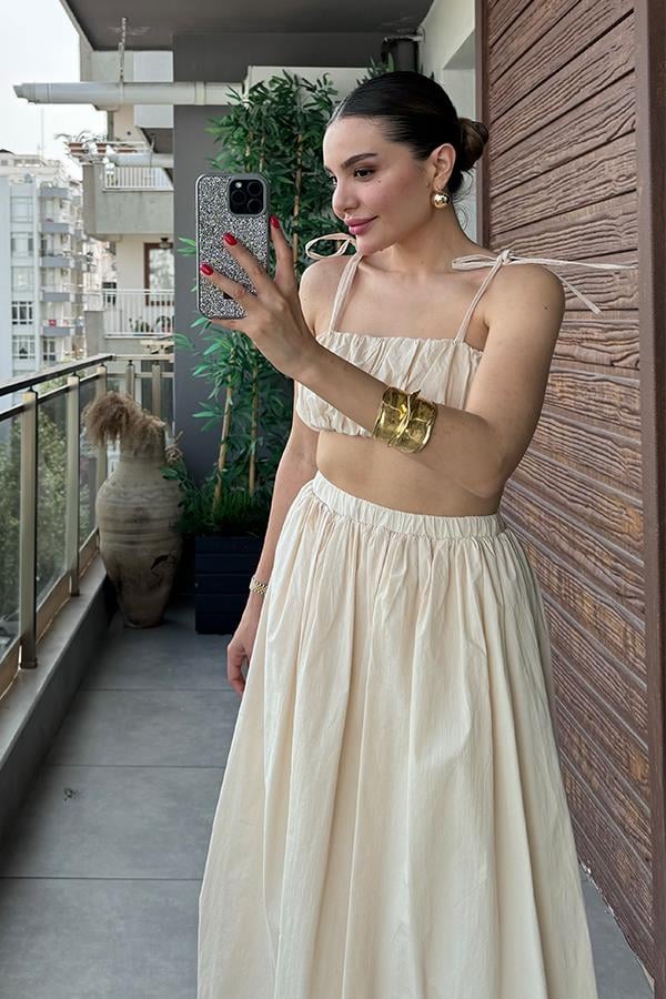 Elvin Balon Crop ve Etek Takım - Krem