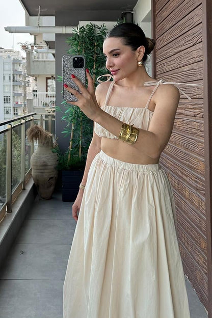 Elvin Balon Crop ve Etek Takım - Krem