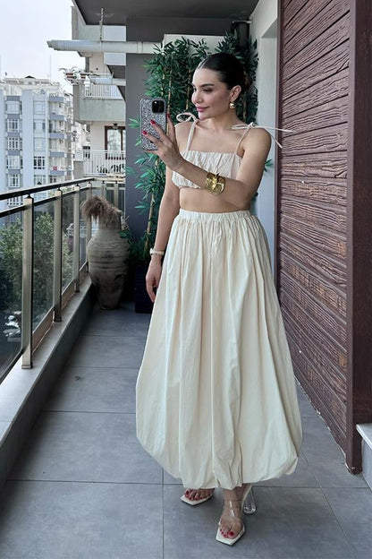 Elvin Balon Crop ve Etek Takım - Krem