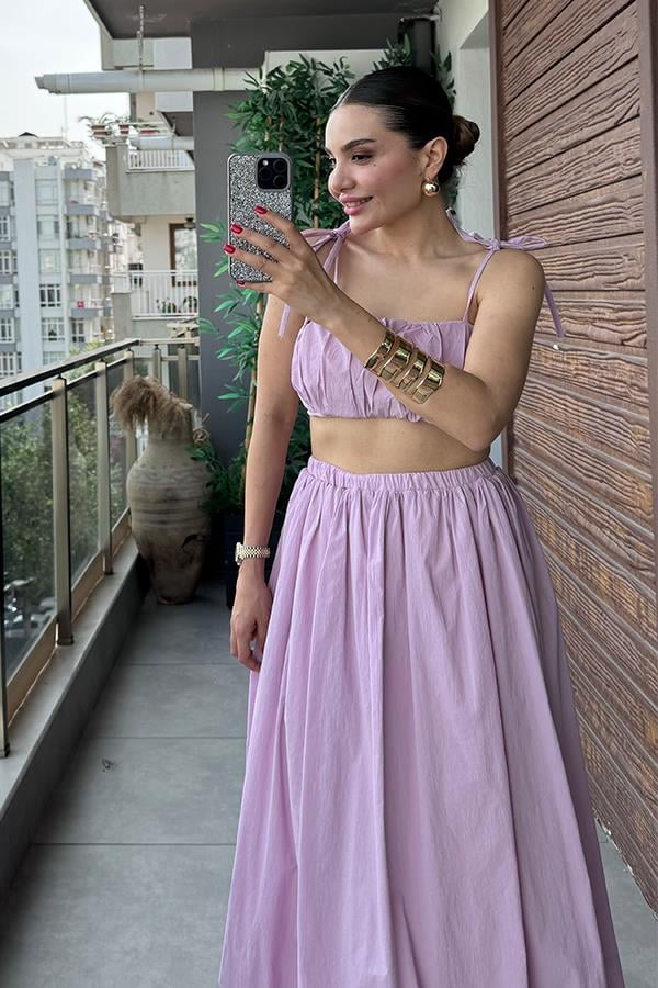 Elvin Balon Crop ve Etek Takım - Lila