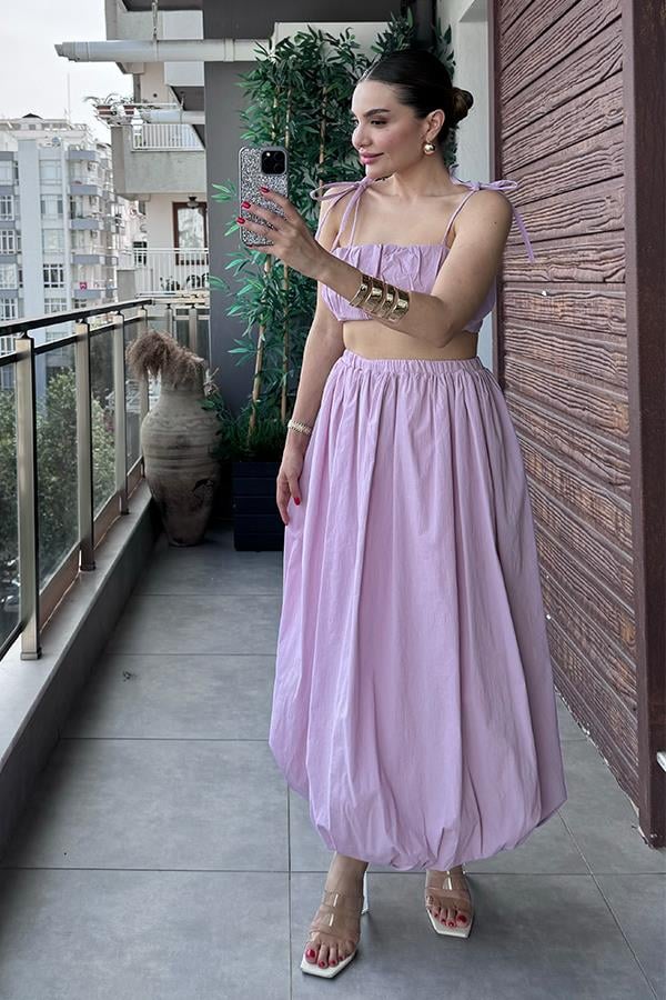 Elvin Balon Crop ve Etek Takım - Lila