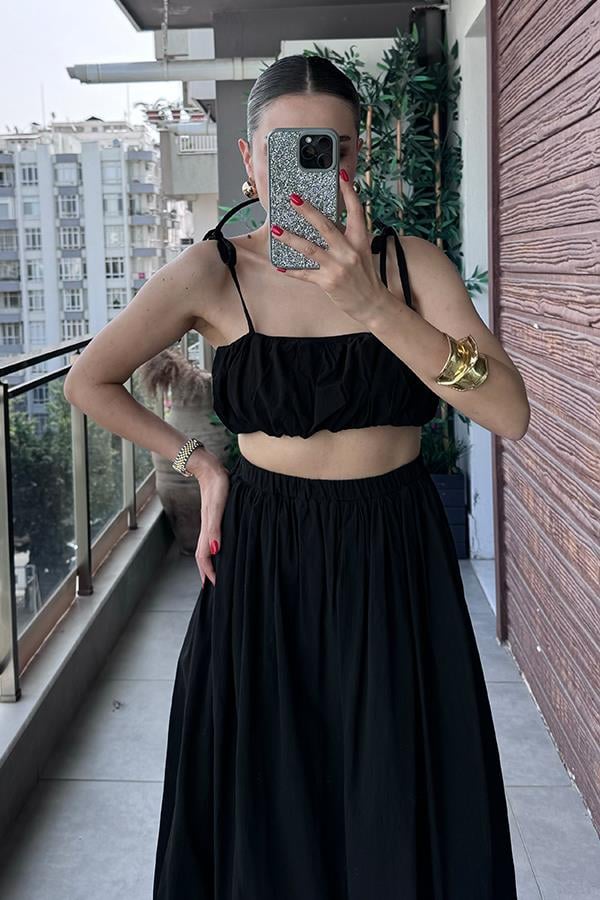 Elvin Balon Crop ve Etek Takım - Siyah