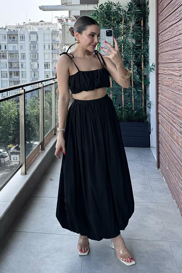 Elvin Balon Crop ve Etek Takım - Siyah