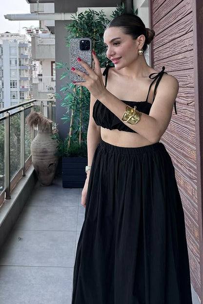Elvin Balon Crop ve Etek Takım - Siyah