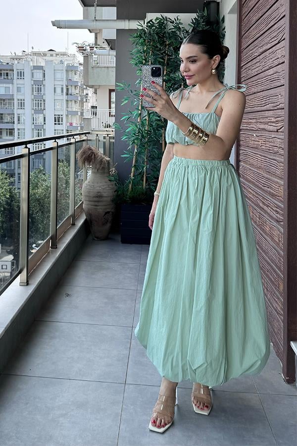 Elvin Balon Crop ve Etek Takım - Su Yeşil