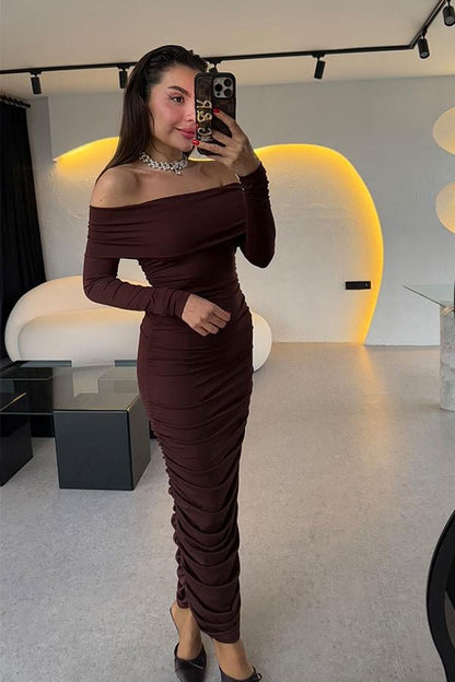 Elwine Acı Kahve Drapeli Madonna Yaka Elbise