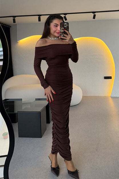 Elwine Acı Kahve Drapeli Madonna Yaka Elbise