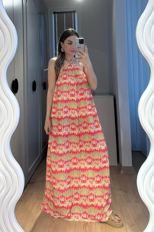 Elysia Desenli Uzun Viskon Elbise-Fuşya