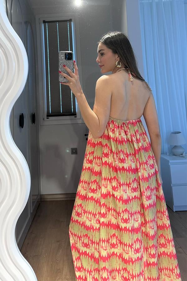 Elysia Desenli Uzun Viskon Elbise-Fuşya