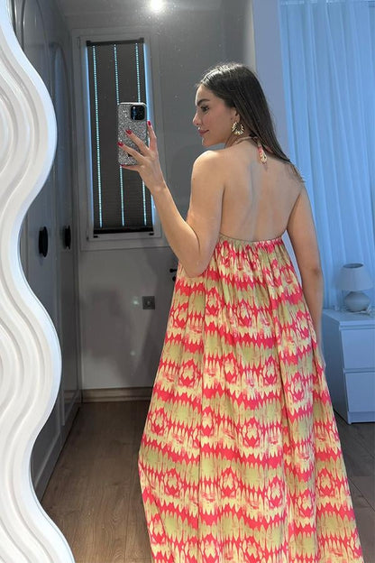 Elysia Desenli Uzun Viskon Elbise-Fuşya