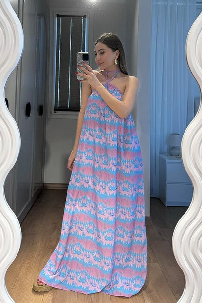 Elysia Desenli Uzun Viskon Elbise-Lila