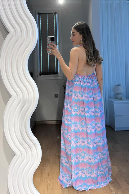 Elysia Desenli Uzun Viskon Elbise-Lila