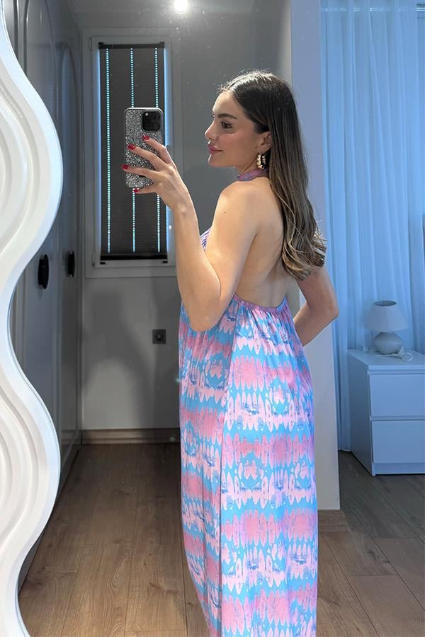 Elysia Desenli Uzun Viskon Elbise-Lila