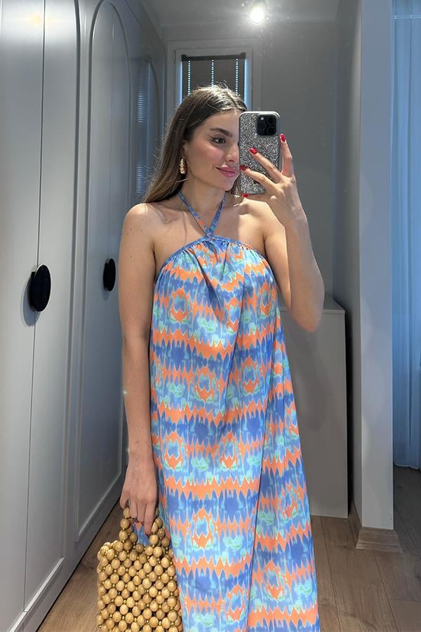 Elysia Desenli Uzun Viskon Elbise-Mavi