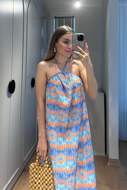 Elysia Desenli Uzun Viskon Elbise-Mavi