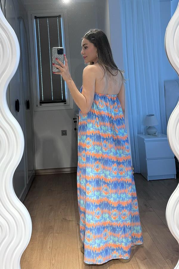Elysia Desenli Uzun Viskon Elbise-Mavi