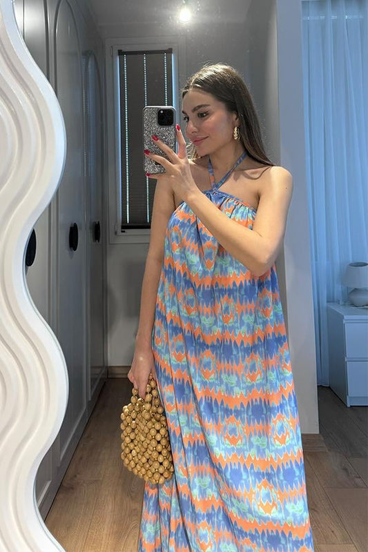 Elysia Desenli Uzun Viskon Elbise-Mavi