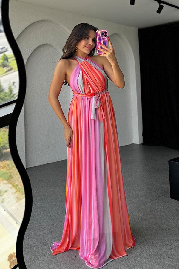 Emerald Orijinal Renkli Sırt Dekolteli Elbise