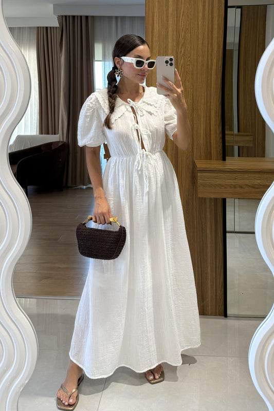 Emma Beyaz Bağlamalı Bebe Yaka Müslin Elbise