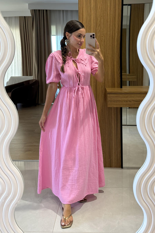 Emma Pembe Bağlamalı Bebe Yaka Müslin Elbise