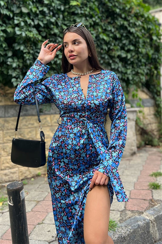 Empire mavi saten elbise