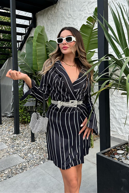 Essence çizgili saten blazer ceket - Siyah