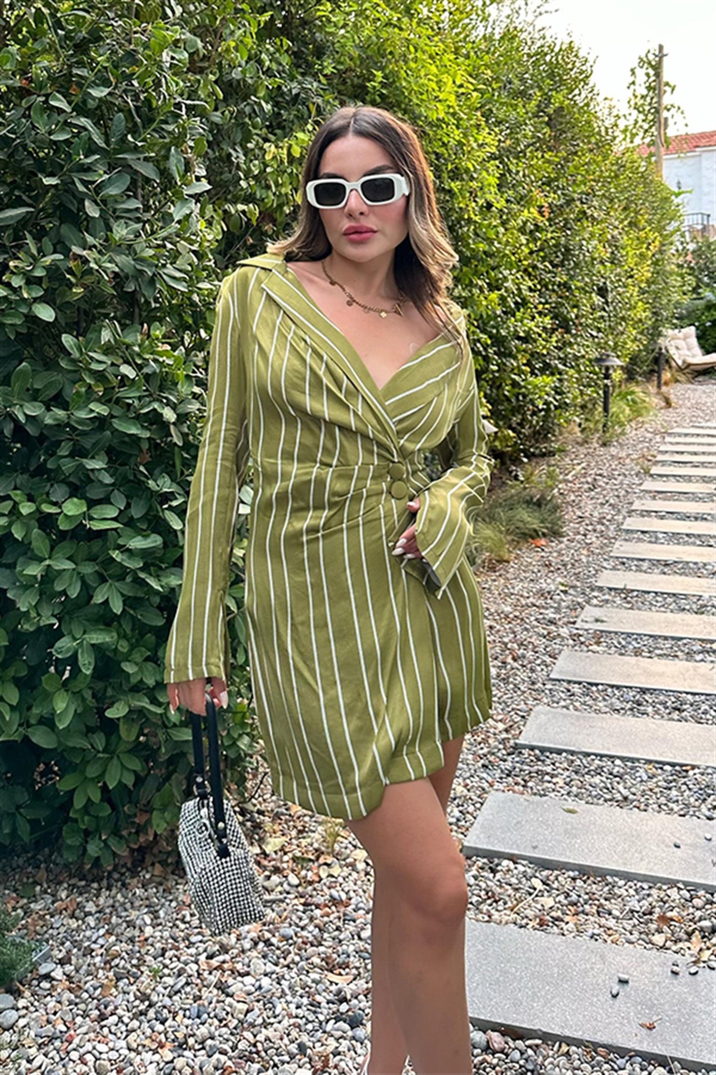 Essence çizgili saten blazer ceket - Yağ yeşil